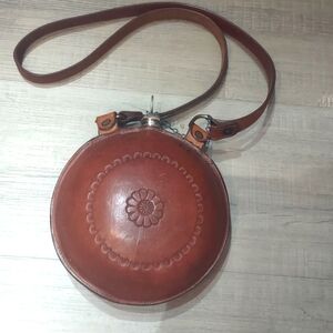 Vintage Hand Tooled Mclintock Brown Leather Saddle Whip stitched Canteen Cowboy